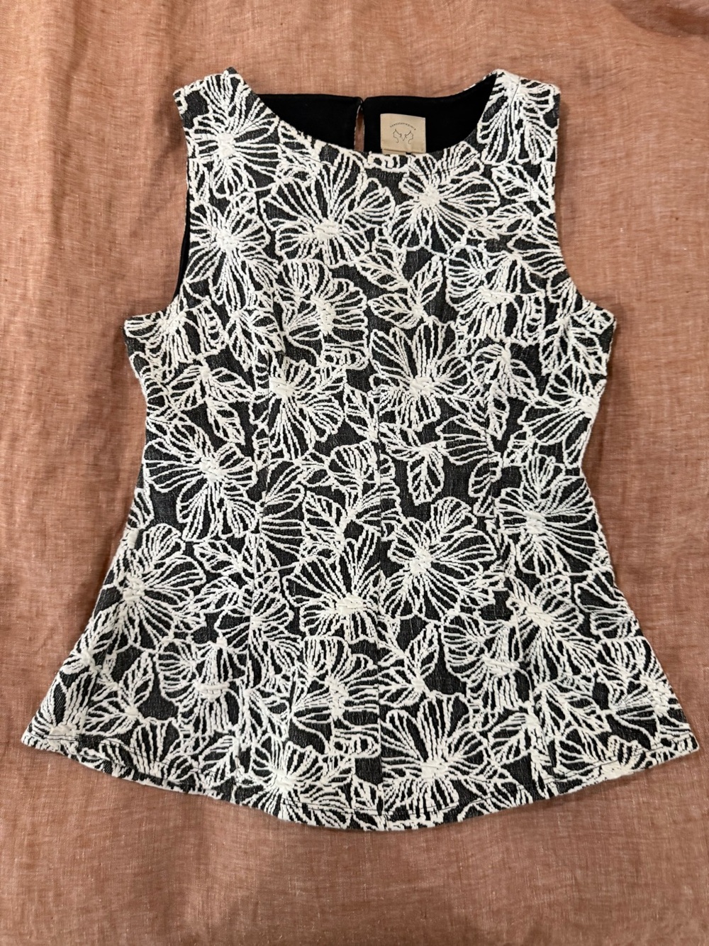 Anthropologie Black Top with White Floral Lace Overlay